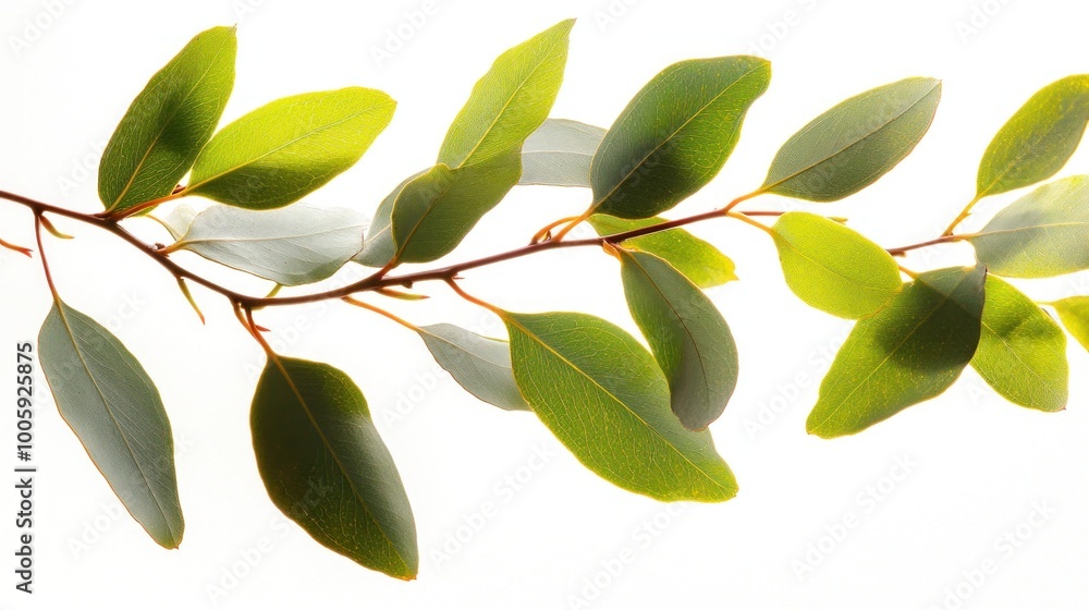 A close-up of a green branch with vibrant leaves against a bright background. A close-up of a green branch with vibrant leaves against a bright background.