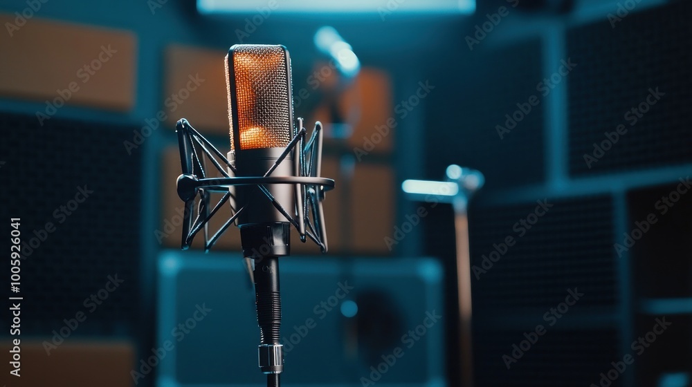 A close-up of a microphone in a recording studio, highlighting its design and purpose. A close-up of a microphone in a recording studio, highlighting its design and purpose.