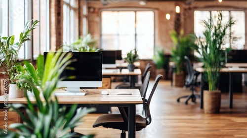 Modern office space with plants and workstations, promoting a productive environment.