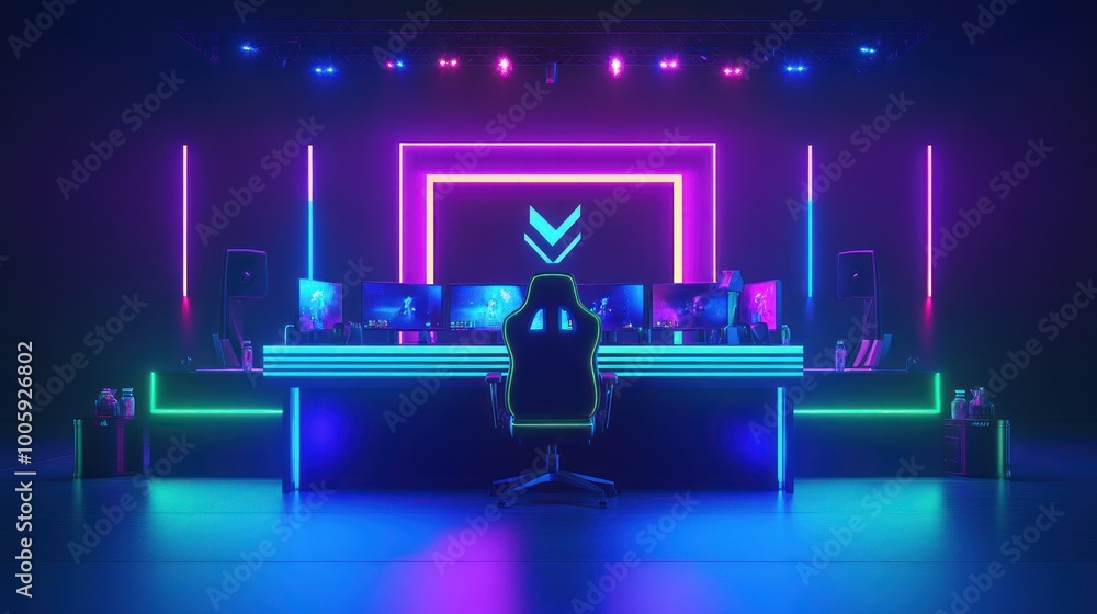 A vibrant gaming setup featuring neon lights, multiple screens, and a gaming chair. A vibrant gaming setup featuring neon lights, multiple screens, and a gaming chair.
