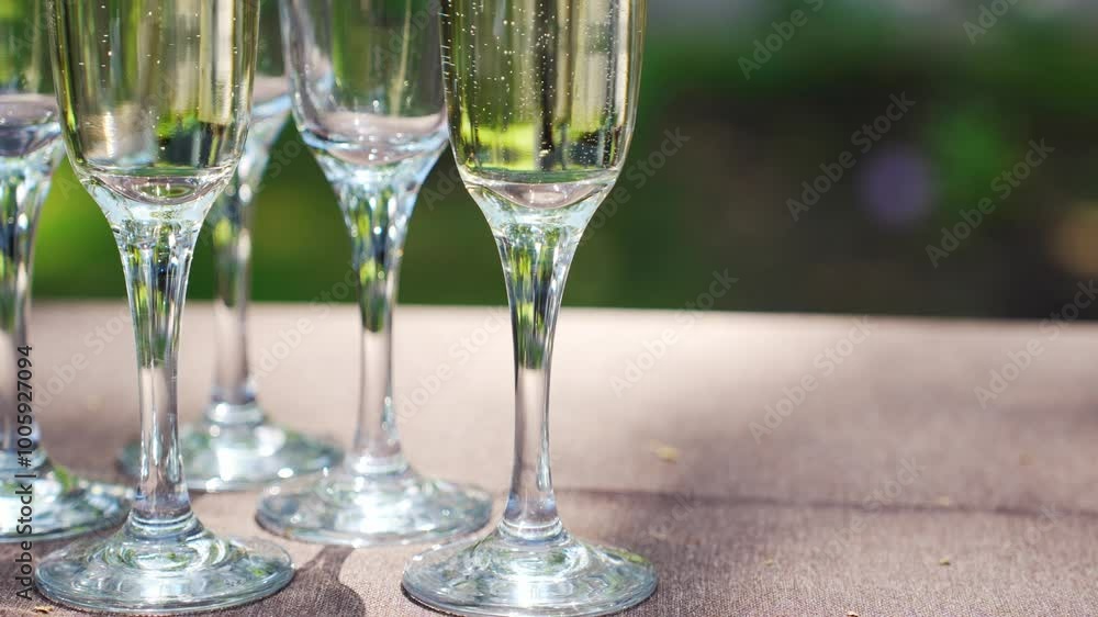 glasses of champagne on an outdoor table. party in summer. Air bubbles are lifted up in sparkling wine. glasses of champagne on an outdoor table. party in summer. Air bubbles are lifted up in sparkling wine.
