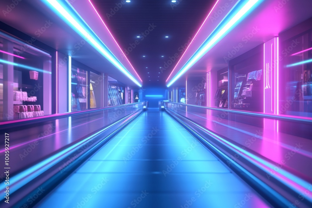 A neon-lit shopping mall with a long, empty walkway A neon-lit shopping mall with a long, empty walkway