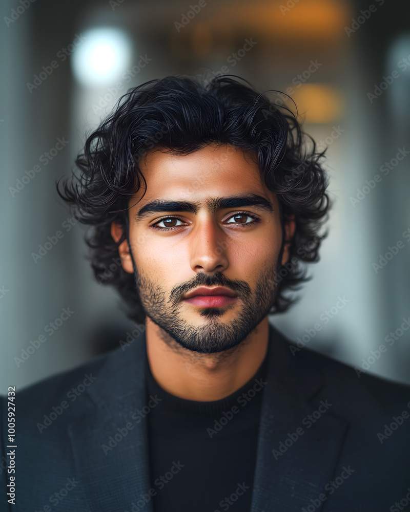 Obraz premium A photo of an attractive indian young man with dark curly hair and hazel eyes, wearing business attire in the office of New York City