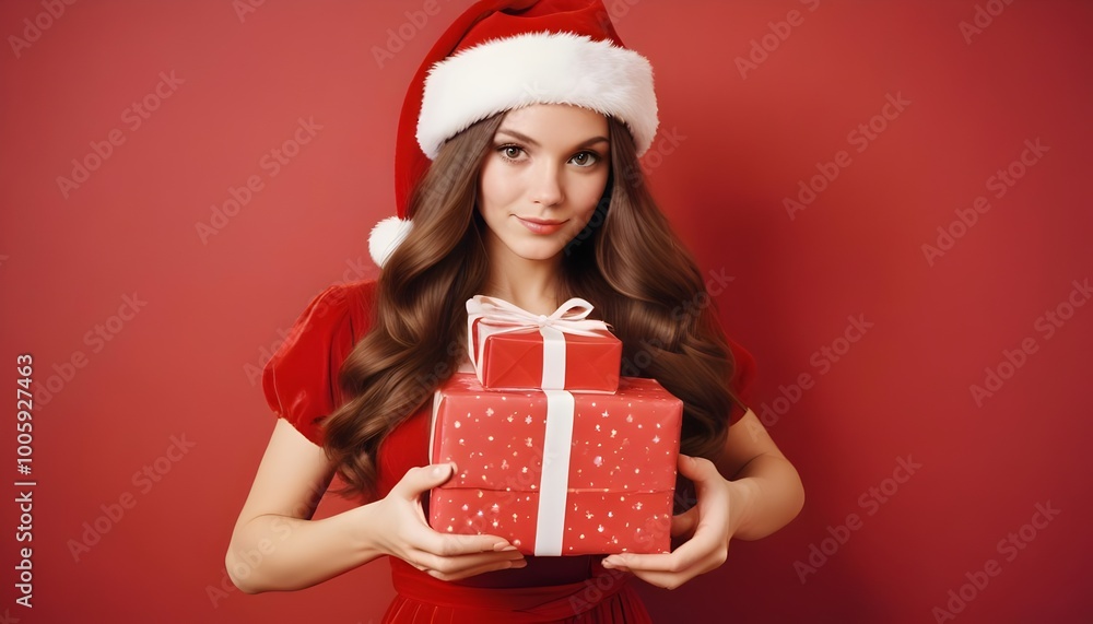 Festive Christmas Portraits of Women in Santa Hats with Gifts Festive Christmas Portraits of Women in Santa Hats with Gifts