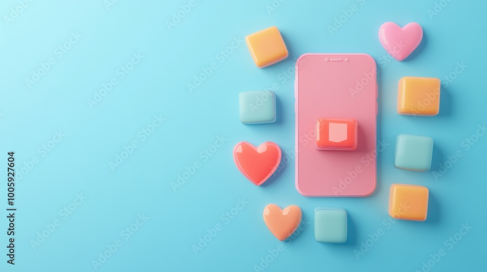 A pink smartphone surrounded by colorful hearts and cubes on a blue background. A pink smartphone surrounded by colorful hearts and cubes on a blue background.