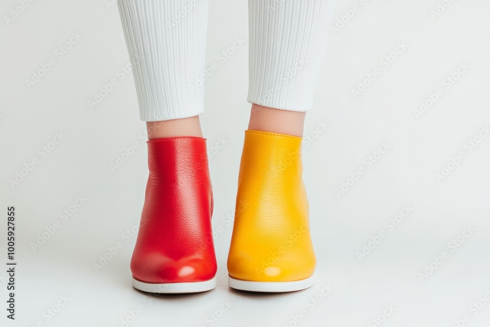 Close-up of two-tone color block shoes, one pink and one yellow, worn by a person. Close-up of two-tone color block shoes, one pink and one yellow, worn by a person.