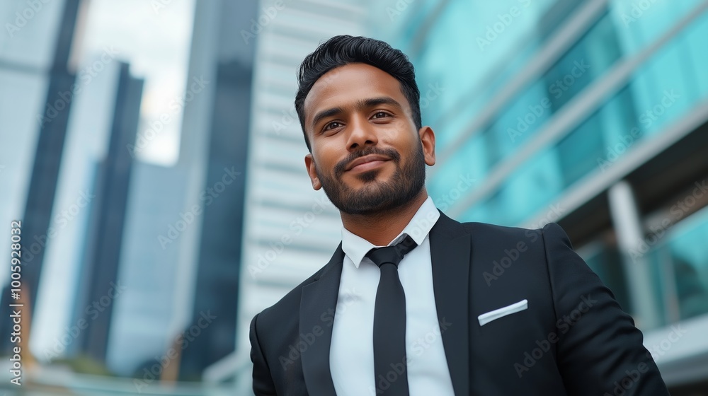 Man in a suit and tie stands in front of a building. He is smiling and looking directly at the camera Man in a suit and tie stands in front of a building. He is smiling and looking directly at the camera