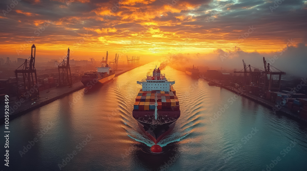 Naklejka premium Logistics and transportation of Container Cargo ship with working crane bridge in shipyard at sunrise