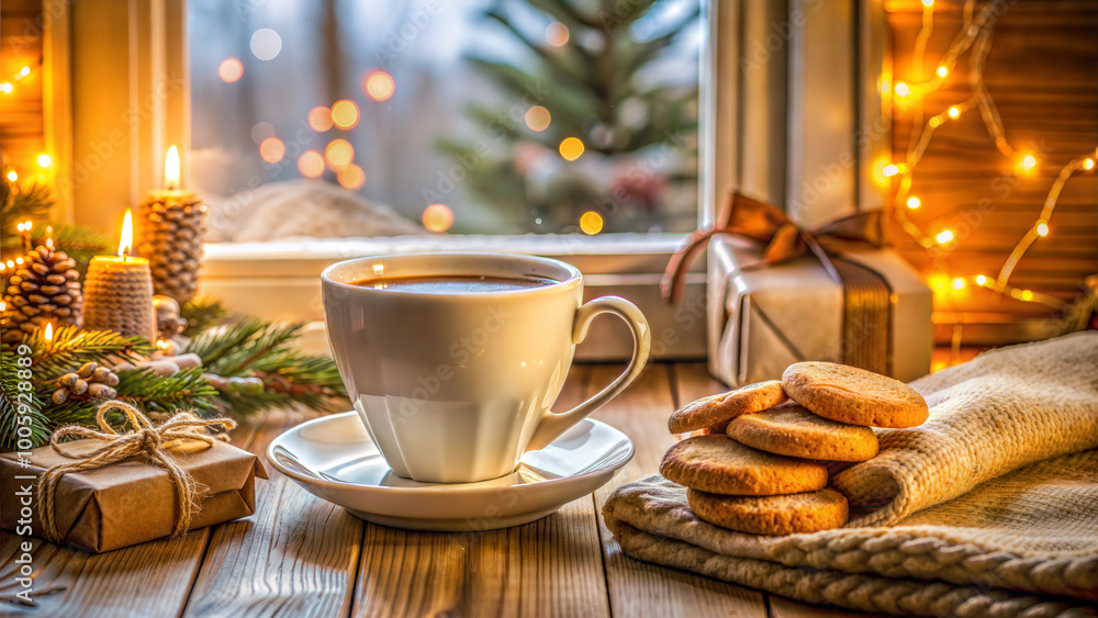 Cozy Christmas morning with coffee and cookies by window Cozy Christmas morning with coffee and cookies by window