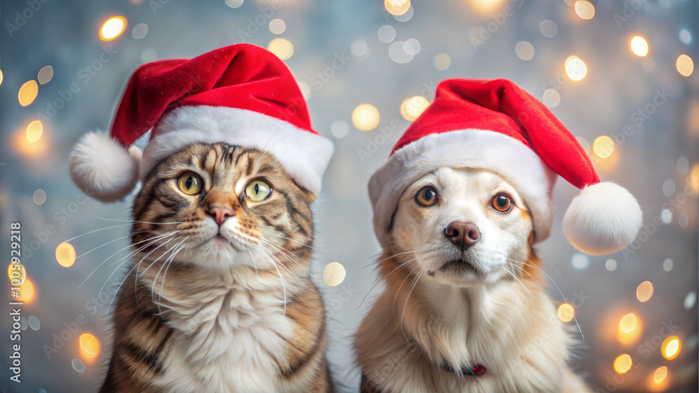 Dog and cat in Santa hats with Christmas lights background Dog and cat in Santa hats with Christmas lights background