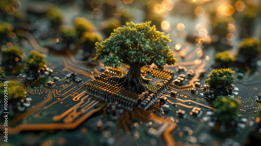 Obraz premium Tree growing on circuit board technology innovations