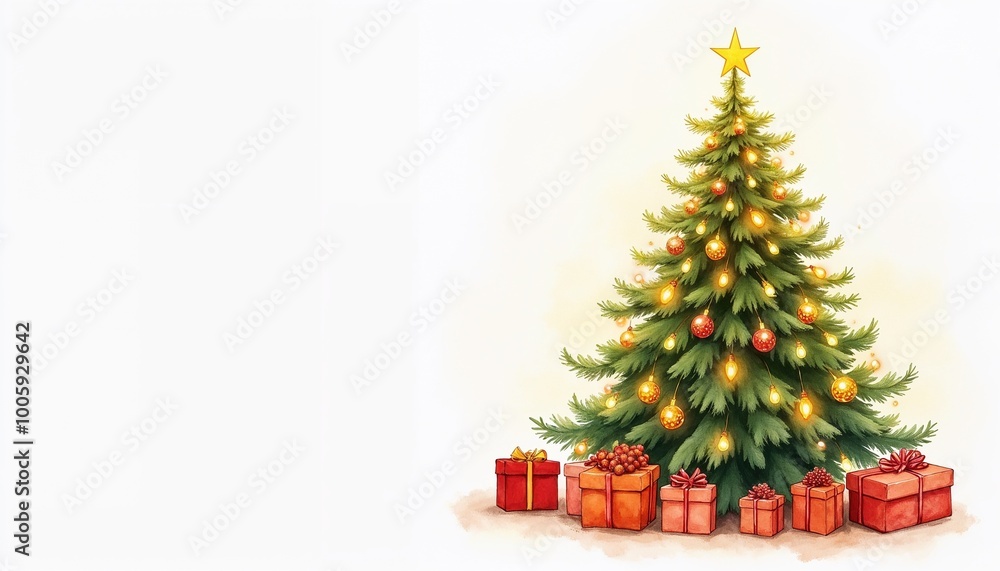 Festive Christmas tree with ornaments and gifts Festive Christmas tree with ornaments and gifts