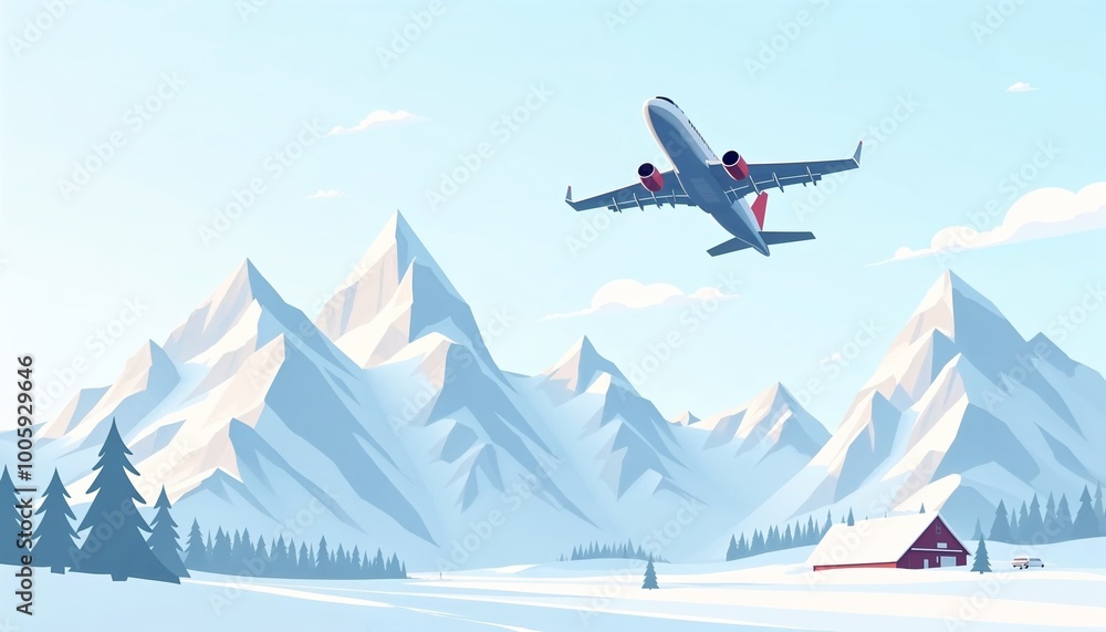 Commercial airplane flying over snowy mountains Commercial airplane flying over snowy mountains