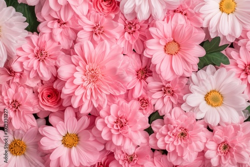 A beautiful arrangement of soft pink chrysanthemums arranged against a matching pastel pink background.