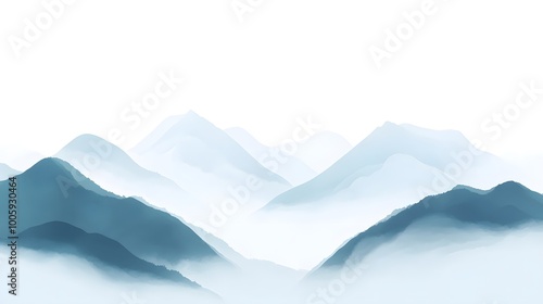 Watercolor foggy mountains, blue and gray color palette, white background, vector illustration style