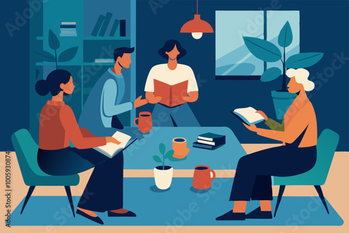 Cozy book club gathering with friends in a modern living room setting