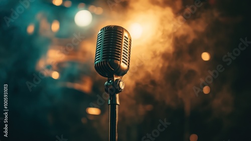 A vintage microphone stands against a smoky backdrop with colorful lights, ready for performance.