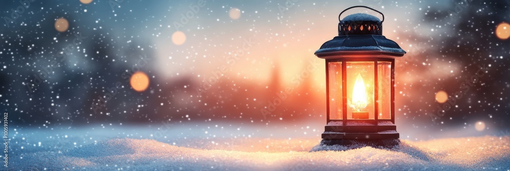 Cozy Lantern Glowing in Winter Snowy Scene Cozy Lantern Glowing in Winter Snowy Scene