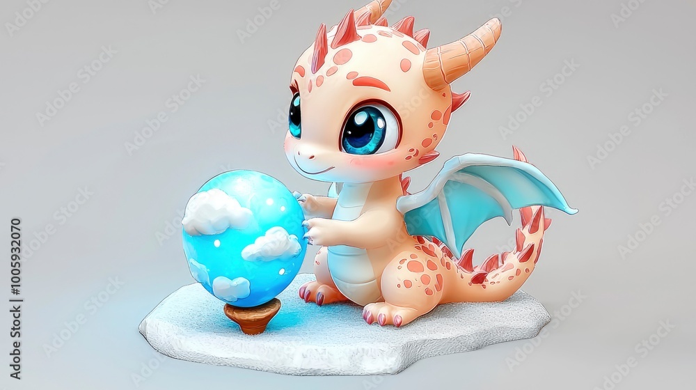 Naklejka premium Cute Baby Dragon Holding A Globe With Clouds