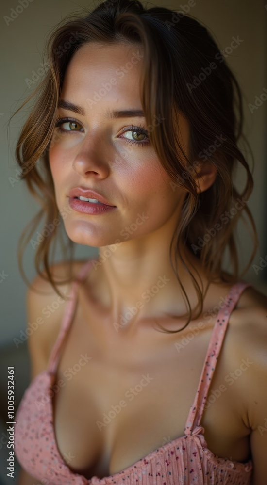 Close-Up Portrait of a Beautiful Woman with Wavy Hair in Elegant Crochet Lace Dress Smiling Confidently in Natural Window Light Close-Up Portrait of a Beautiful Woman with Wavy Hair in Elegant Crochet Lace Dress Smiling Confidently in Natural Window Light