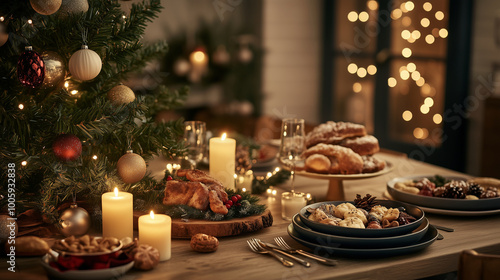 Create a soft candlelit scene where homemade dishes and holiday treats take center stage, setting a warm and festive atmosphere