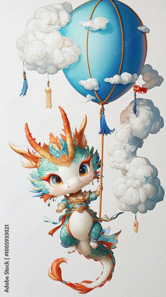 Naklejka premium Adorable Dragon Holding a Hot Air Balloon in the Clouds