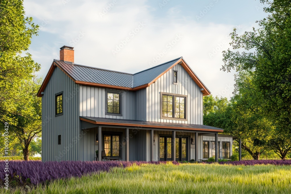 Sleek farmhouse-style home featuring vertical pearl gray paneling, terra cotta trim, on a field of rich plum grass and encircled by lime green trees, offering a blend of rustic and vibrant tones Sleek farmhouse-style home featuring vertical pearl gray paneling, terra cotta trim, on a field of rich plum grass and encircled by lime green trees, offering a blend of rustic and vibrant tones