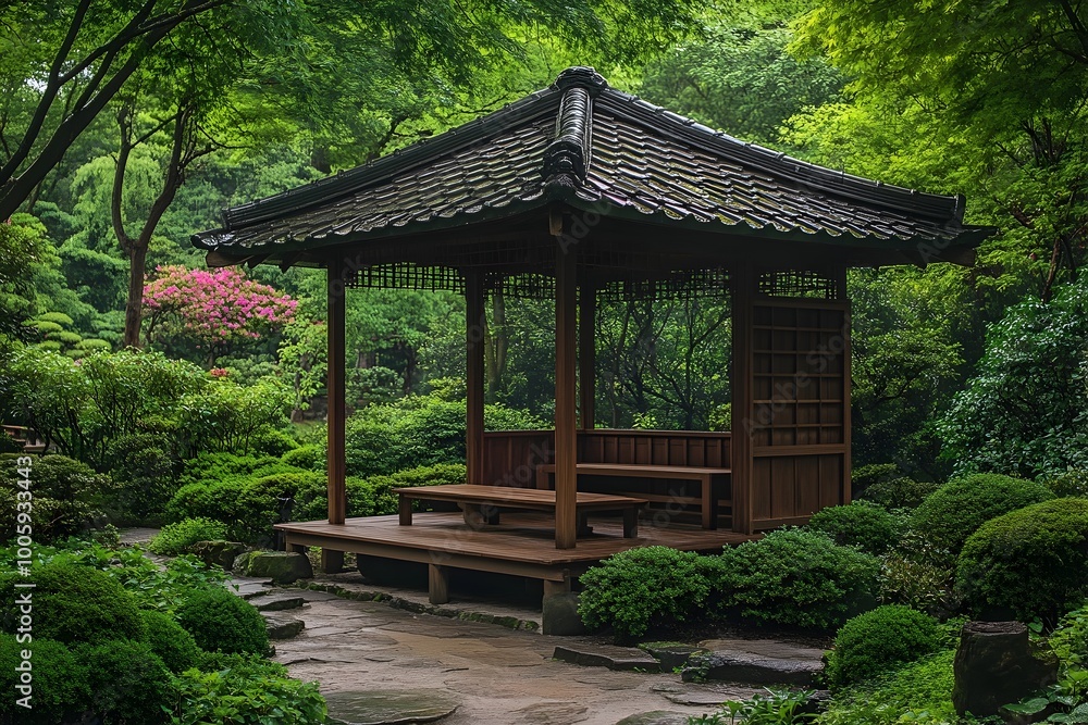 Tranquil Japanese Tea House in a Lush Green Tokyo Garden with Serene Architectural Elements Tranquil Japanese Tea House in a Lush Green Tokyo Garden with Serene Architectural Elements