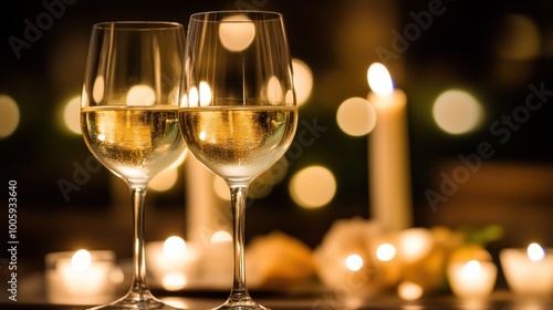 Two glasses of white wine are set against a backdrop of candles, creating a romantic atmosphere.