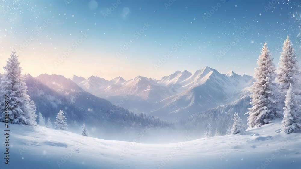 Snowy slopes with pine trees, falling snow, and a warm sunrise creating a peaceful winter morning Snowy slopes with pine trees, falling snow, and a warm sunrise creating a peaceful winter morning