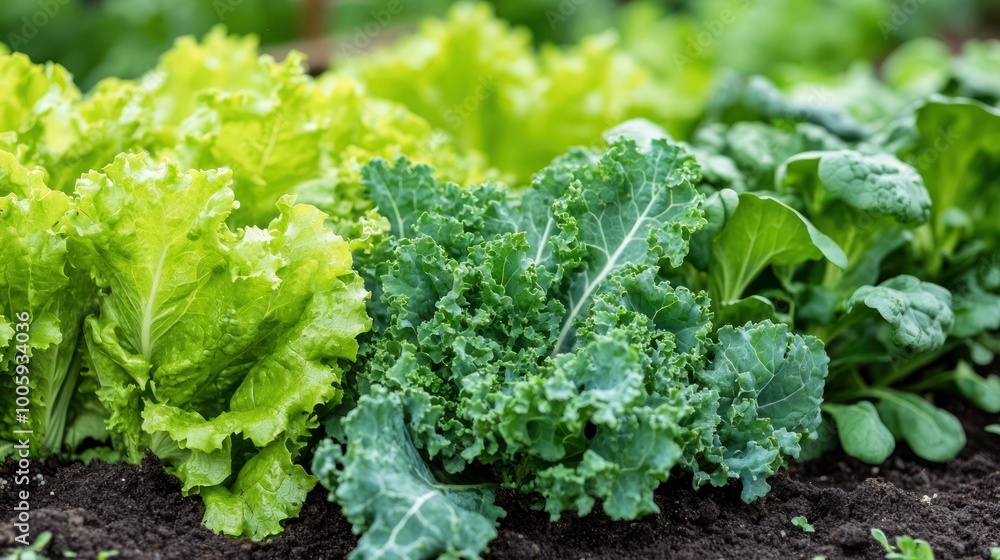 A variety of leafy greens growing in soil, showcasing healthy gardening practices. A variety of leafy greens growing in soil, showcasing healthy gardening practices.