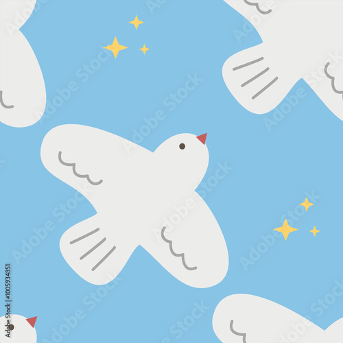 seagull bird drawing seamless pattern on blue background