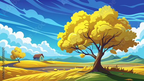 A lone yellow tree in a field with a small house in the background, under a cloudy blue sky
