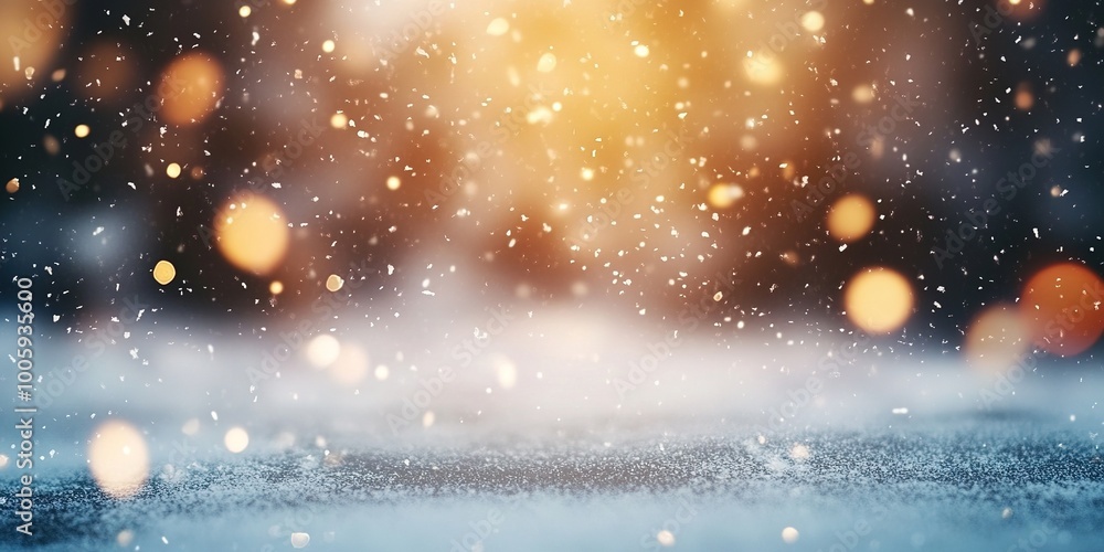 Obraz premium Bokeh lights and soft falling snow create a blurred winter background with copy space