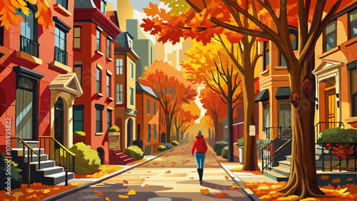 A tree-lined street with brownstone buildings, autumn foliage in shades of orange and red, and a pedestrian walking down the sidewalk
