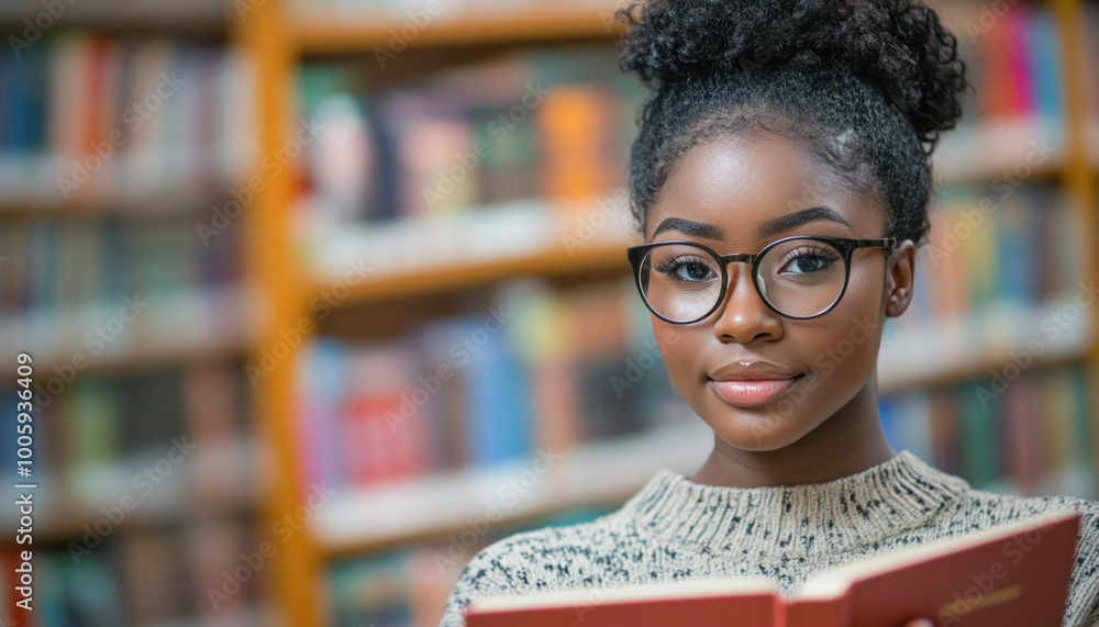 Young black woman holding a book and posing in a library Young black woman holding a book and posing in a library