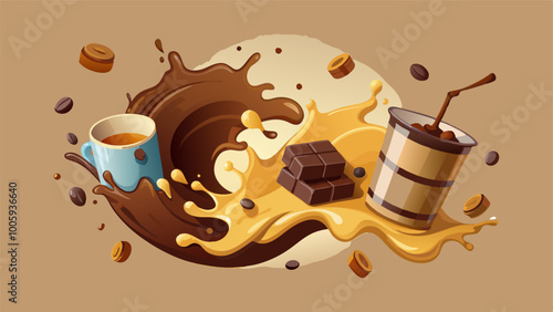 splashes and drops of melted dark chocolate, hot coffee and milk flow mixed