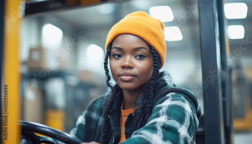 Young woman is driving a forklift in a warehouse