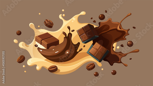 splashes and drops of melted dark chocolate, hot coffee and milk flow mixed