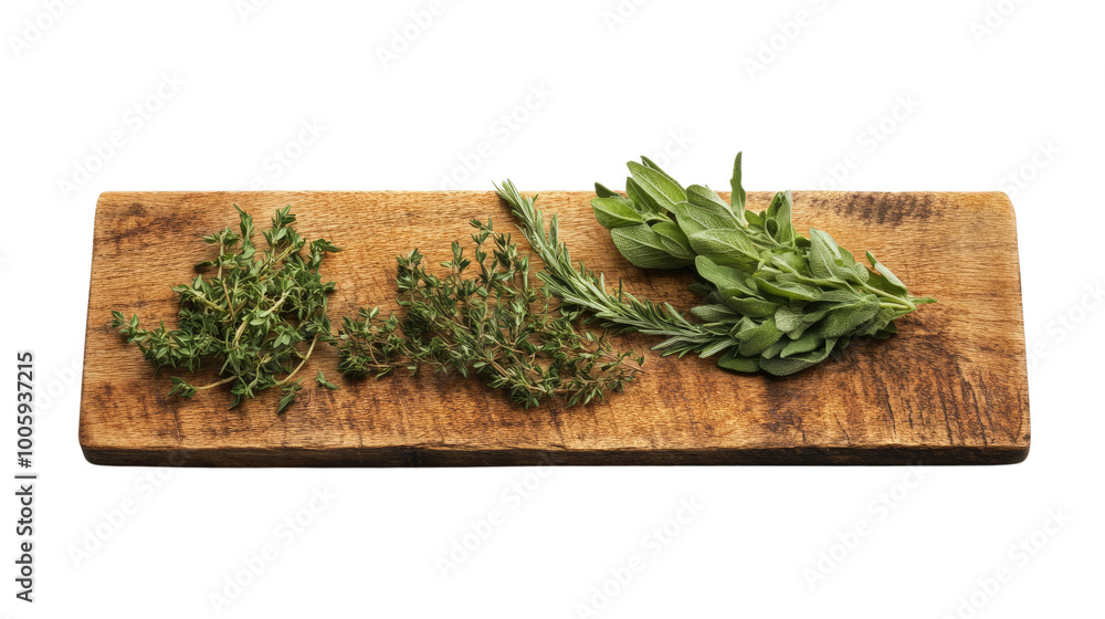 wooden cutting board with fresh herbs on a transparent background