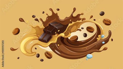 splashes and drops of melted dark chocolate, hot coffee and milk flow mixed