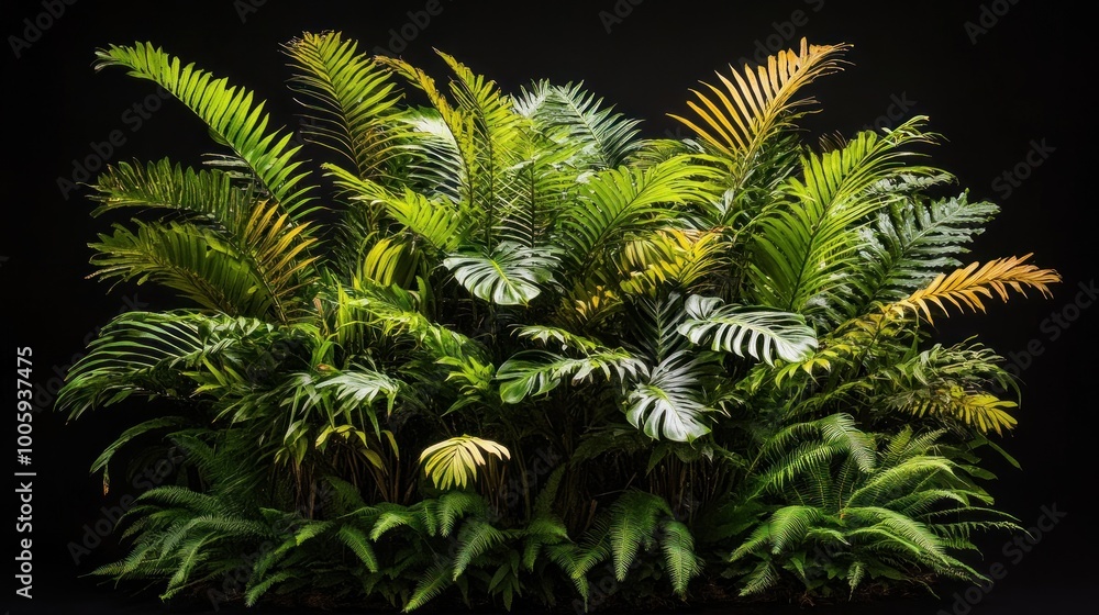 Lush green foliage with various tropical plants against a dark background.
