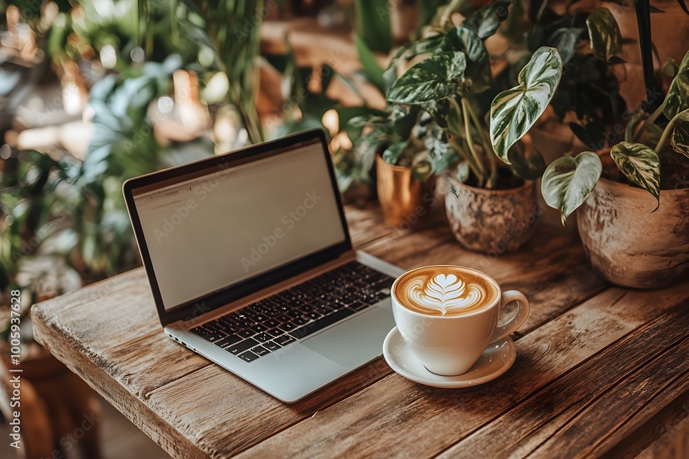 Cozy Cafe Workspace with Laptop and Cappuccino on Wooden Table Cozy Cafe Workspace with Laptop and Cappuccino on Wooden Table