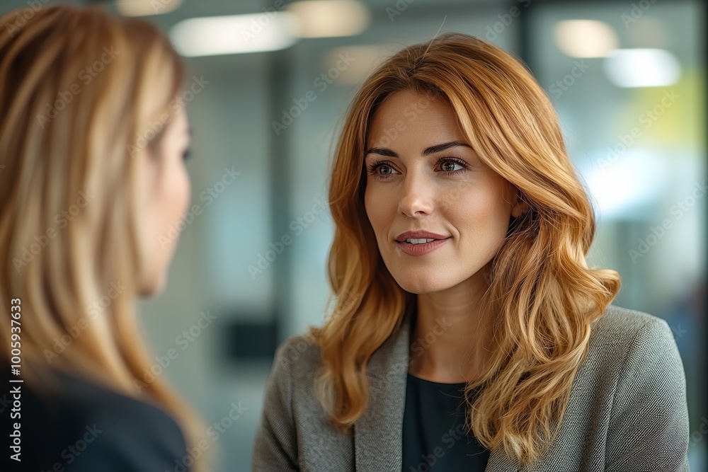 custom made wallpaper toronto digitalA businesswoman with long, red hair listens intently to a colleague in an office setting