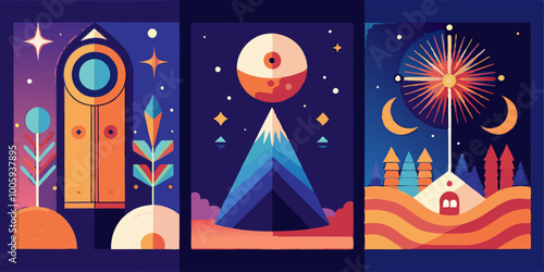 Geometric cosmic landscapes and abstract surreal art in vibrant colors