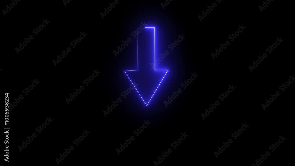 Neon down direction arrow icon animation on black background. Animated arrow icon pointing down. Neon down direction arrow icon animation on black background. Animated arrow icon pointing down.