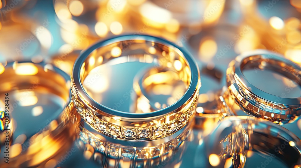 Elegant gold ring collection with sparkling details showcasing luxury and beauty, perfect for romantic themes and jewelry promotions. Elegant gold ring collection with sparkling details showcasing luxury and beauty, perfect for romantic themes and jewelry promotions.