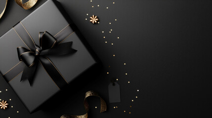 Minimalist black gift boxes with ribbons on a dark background, featuring copy space, perfect for Black Friday, Christmas, or birthday celebrations.