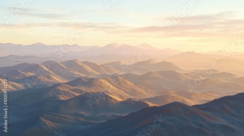 A beautiful view of layered desert hills, with soft pastel colors in the sky at dawn, and long shadows stretching across the rugged landscape.