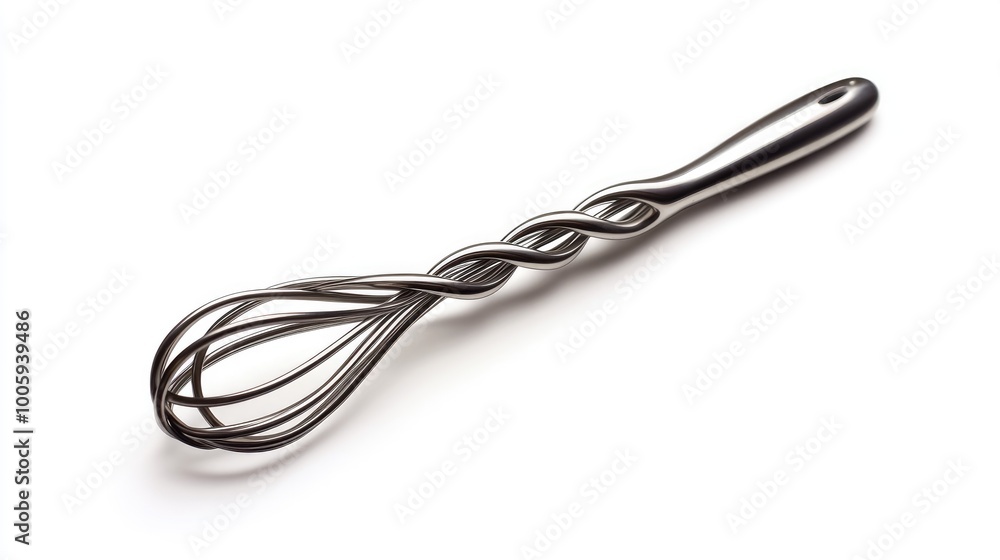 Elegant stainless steel whisk with a unique twisted design, perfect for blending, mixing, and whipping ingredients in the kitchen. Elegant stainless steel whisk with a unique twisted design, perfect for blending, mixing, and whipping ingredients in the kitchen.